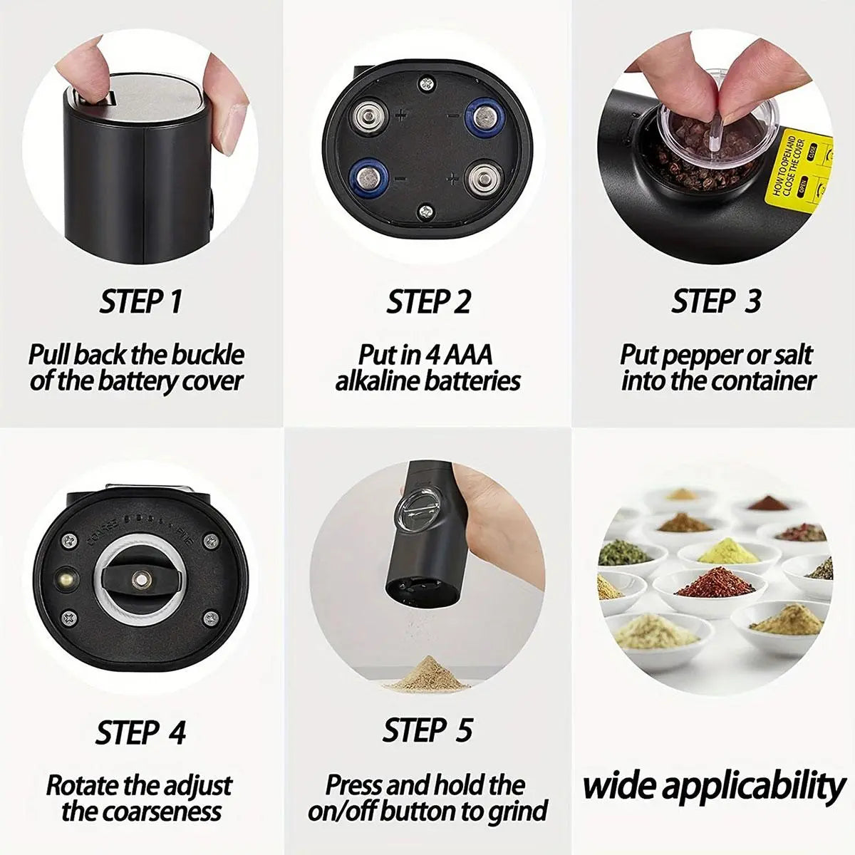 Electric Salt and Pepper Grinder Set - Battery-Operated Adjustable Grinders with LED Light, Base, and Cleaning Brush - Perfect Kitchen Gadget Gift (Batteries Not Included)