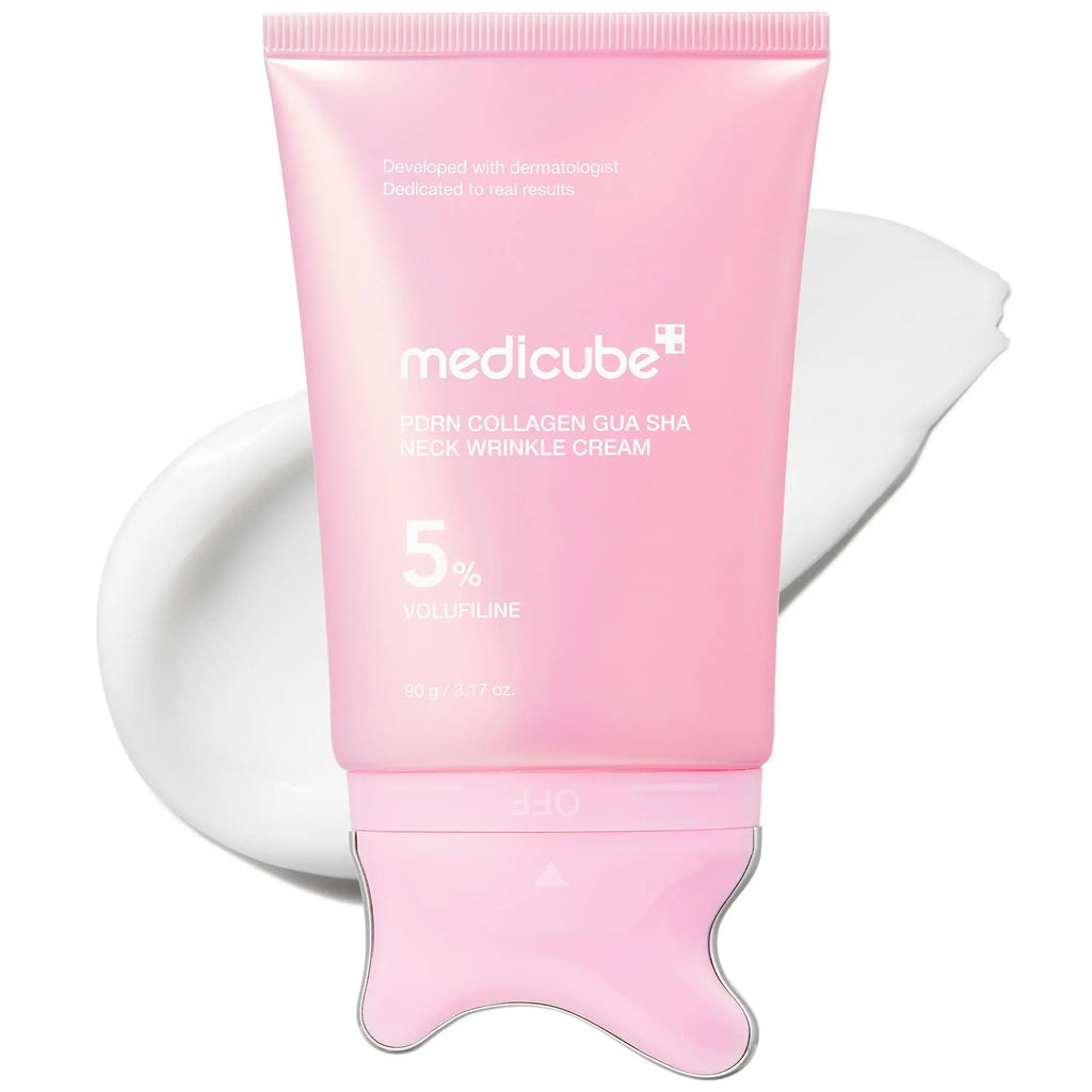 Medicube PDRN Collagen Gua Sha Neck Cream with Integrated Massager, Enriched with 5% Volufiline for Firming and Contouring of Fine Lines on Jawline, Neck, Décolleté, Underarms, Chest, Legs, and Shoulders - Advanced Korean Skincare Solution