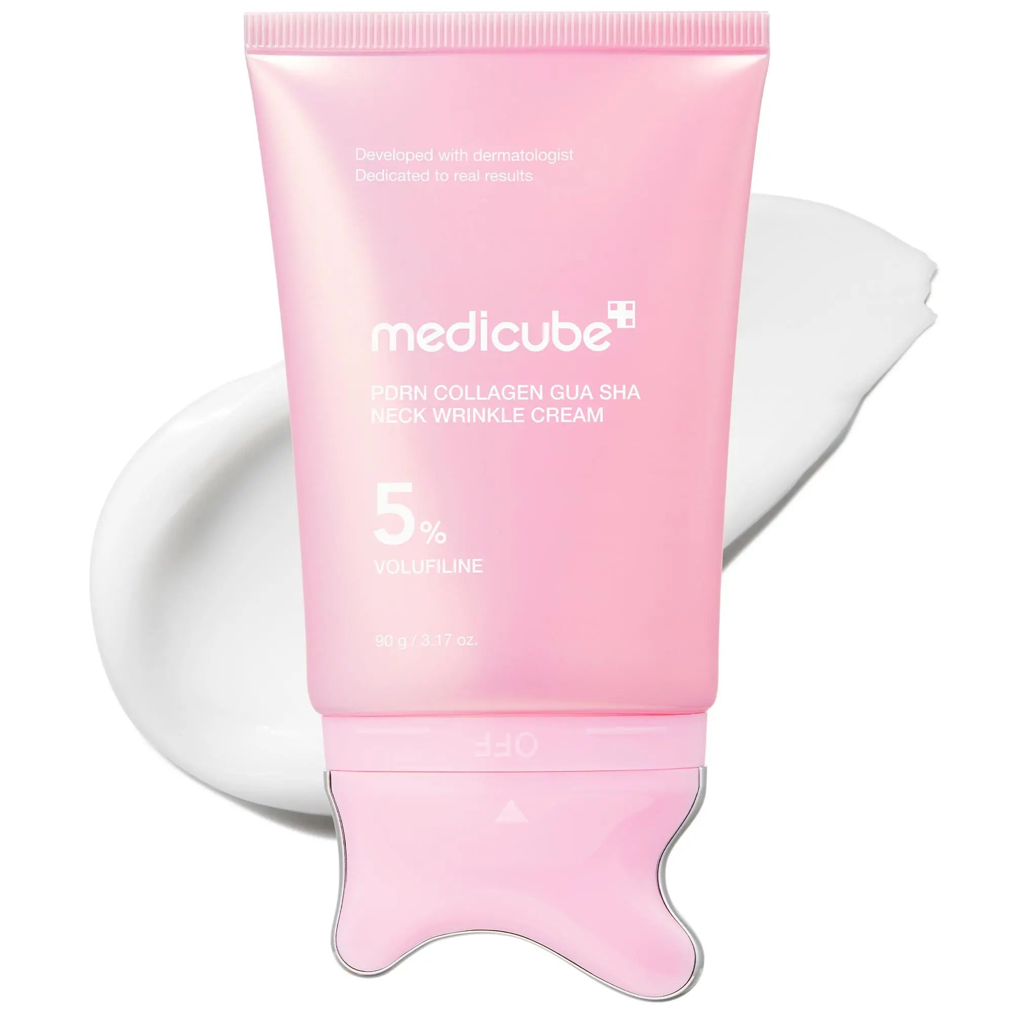 Medicube PDRN Collagen Gua Sha Neck Cream with Integrated Massager, Enriched with 5% Volufiline for Firming and Contouring of Fine Lines on Jawline, Neck, Décolleté, Underarms, Chest, Legs, and Shoulders - Advanced Korean Skincare Solution