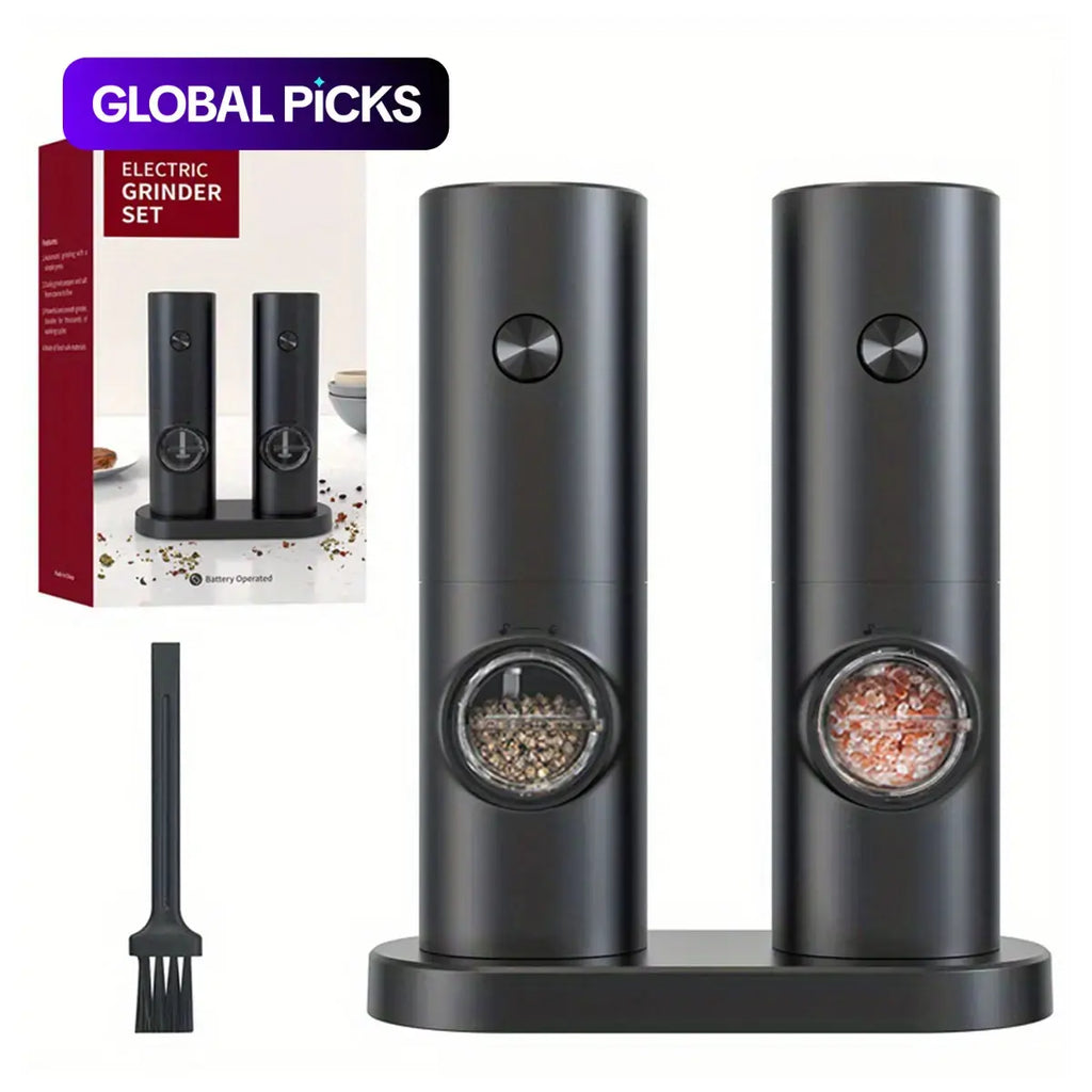 Electric Salt and Pepper Grinder Set - Battery-Operated Adjustable Grinders with LED Light, Base, and Cleaning Brush - Perfect Kitchen Gadget Gift (Batteries Not Included)