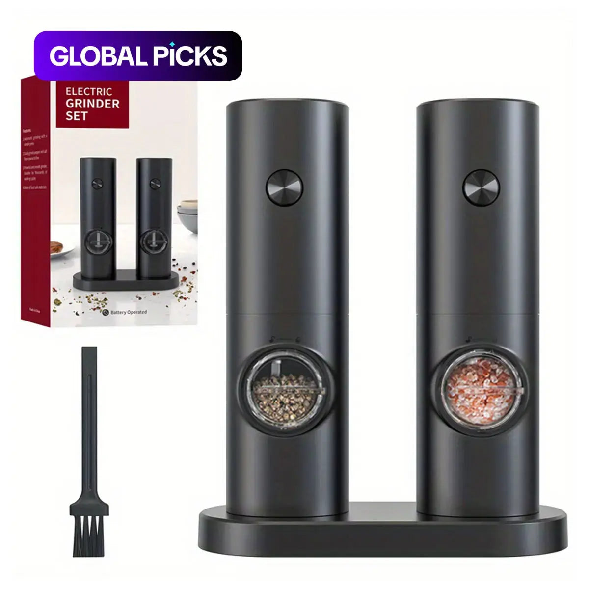 Electric Salt and Pepper Grinder Set - Battery-Operated Adjustable Grinders with LED Light, Base, and Cleaning Brush - Perfect Kitchen Gadget Gift (Batteries Not Included)