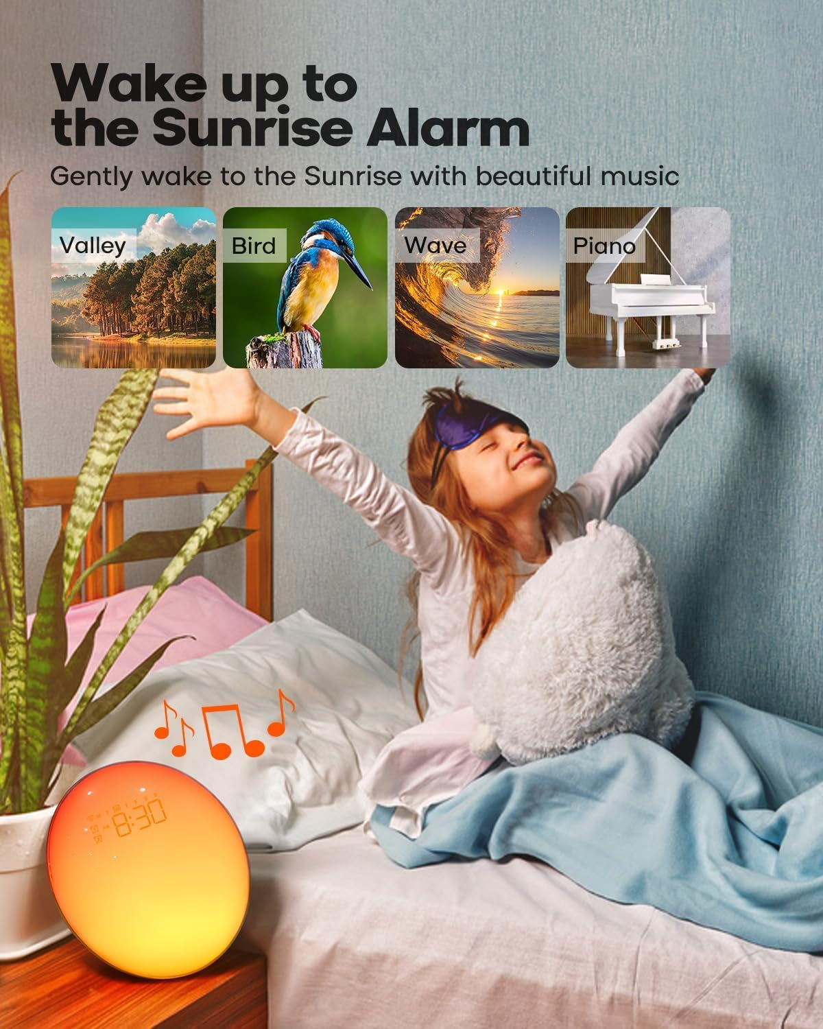 Smart Sunrise Alarm Clock with App Control& Bluetooth Speaker, Wake up Light Sunlight Sunset Lamp, White Noise Sound Machine, Night Light for Bedrooms, Alarms for Heavy Sleepers Kids & Adults