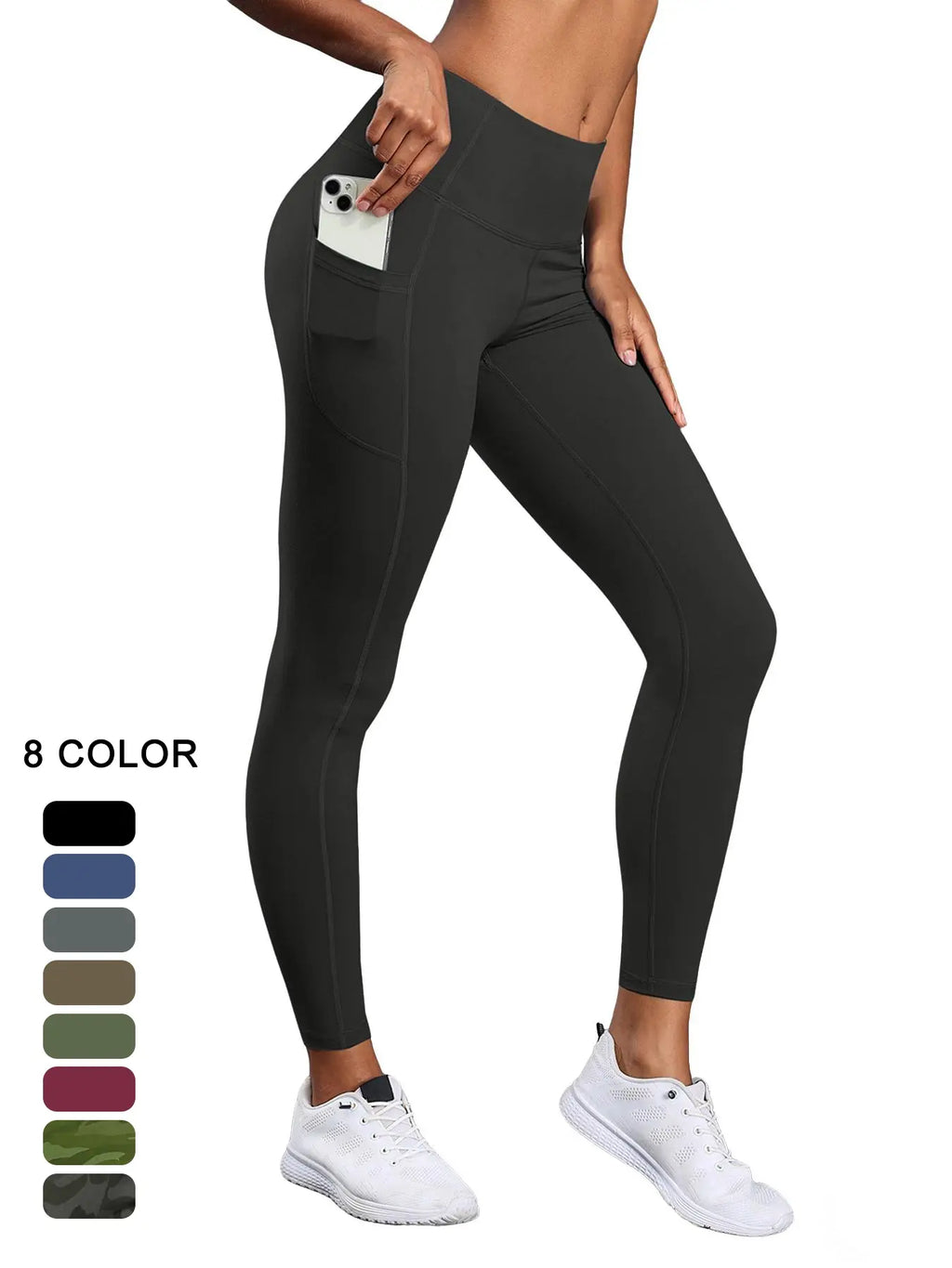 Women's High Waist Solid Sports Leggings with Pockets - Breathable and Comfortable Activewear for Yoga and Gym Workouts, Year-Round Essentials