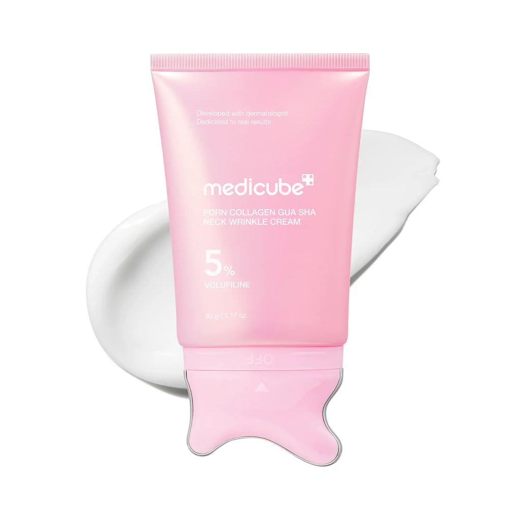 Medicube PDRN Collagen Gua Sha Neck Cream with Integrated Massager, Enriched with 5% Volufiline for Firming and Contouring of Fine Lines on Jawline, Neck, Décolleté, Underarms, Chest, Legs, and Shoulders - Advanced Korean Skincare Solution
