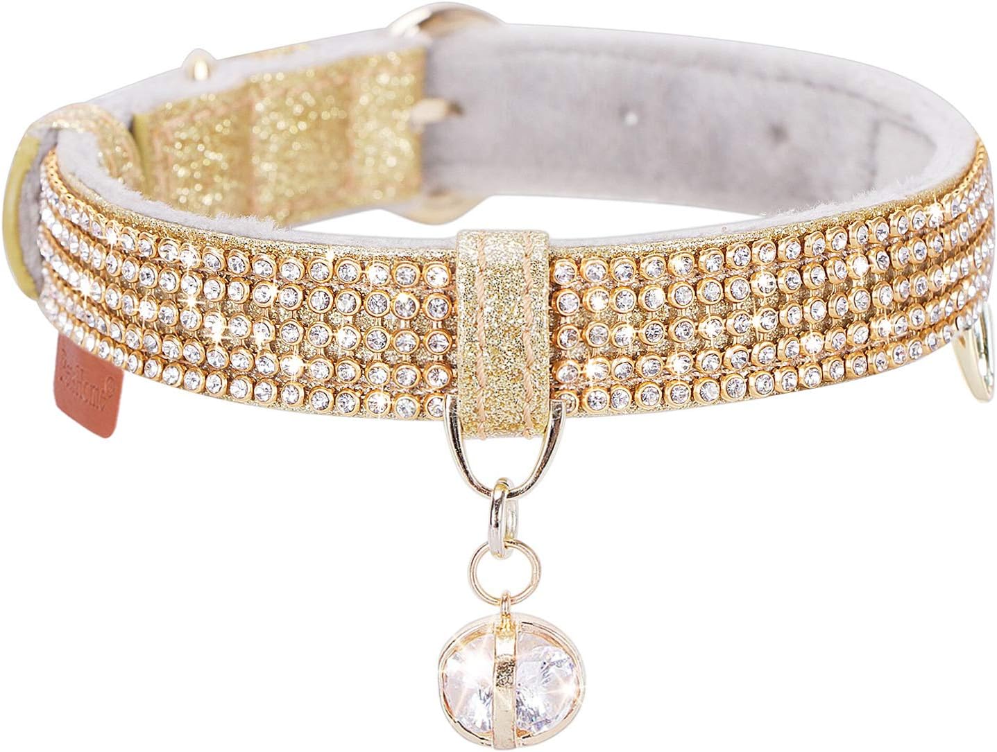 Cat Collar, Dog Collar, [Bling Rhinestones] Premium PU Leather with Pendant Adjustable Collars for Small to Medium Dog Medium Gold