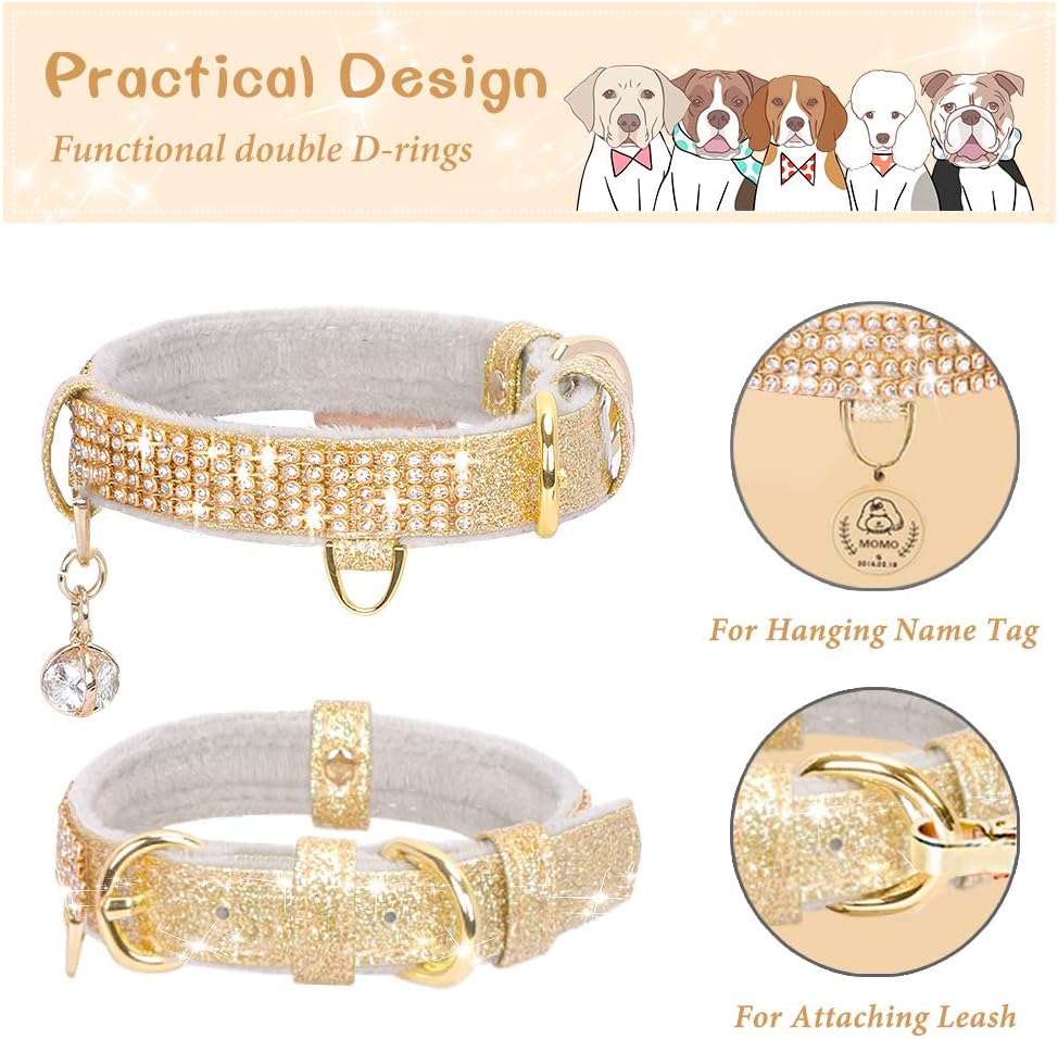 Cat Collar, Dog Collar, [Bling Rhinestones] Premium PU Leather with Pendant Adjustable Collars for Small to Medium Dog Medium Gold