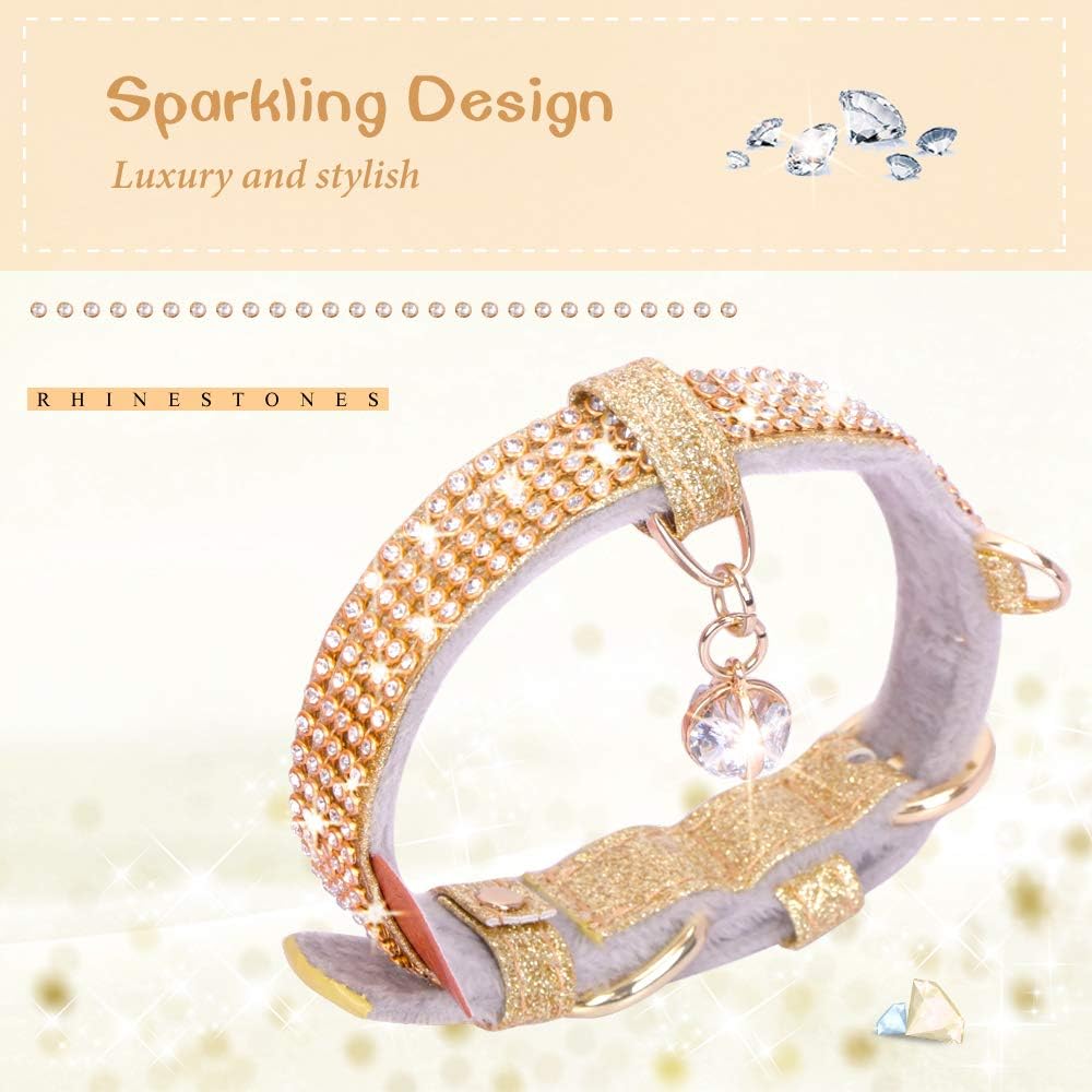 Cat Collar, Dog Collar, [Bling Rhinestones] Premium PU Leather with Pendant Adjustable Collars for Small to Medium Dog Medium Gold