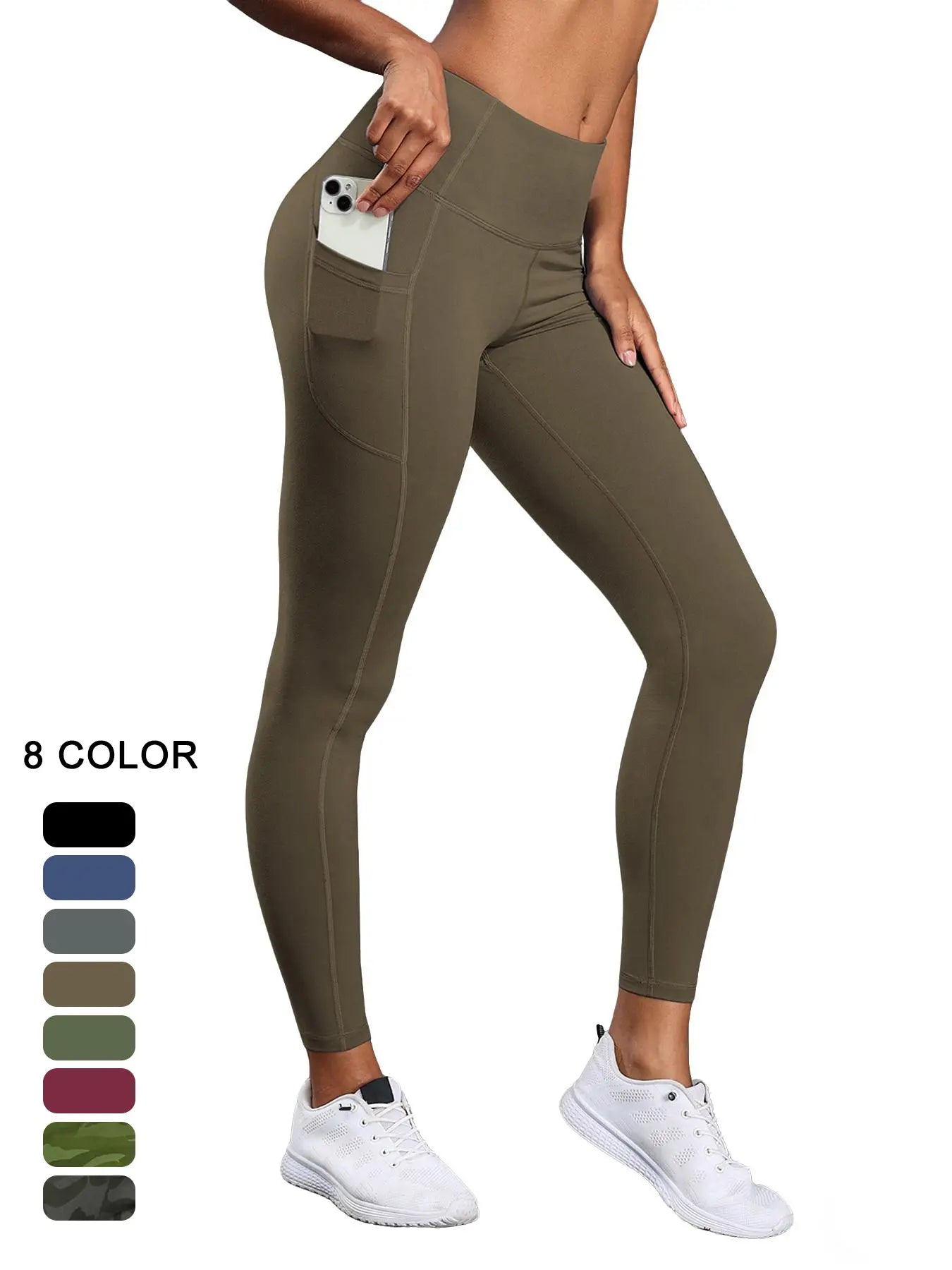 Women's High Waist Solid Sports Leggings with Pockets - Breathable and Comfortable Activewear for Yoga and Gym Workouts, Year-Round Essentials