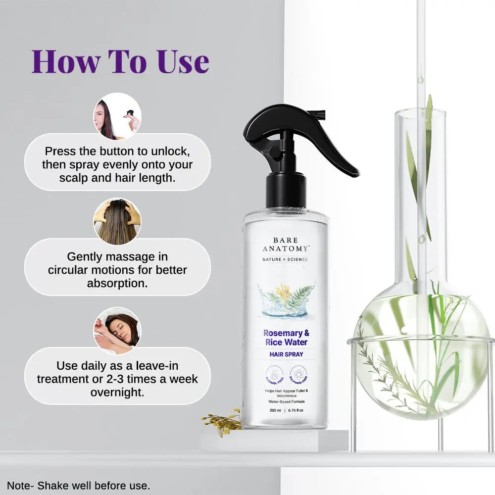 Bare Anatomy Rosemary Water with Rice Water - 100% Natural Extract for Soft, Smooth Hair - Non-Greasy, Fast Absorbing Formula - 200 ml