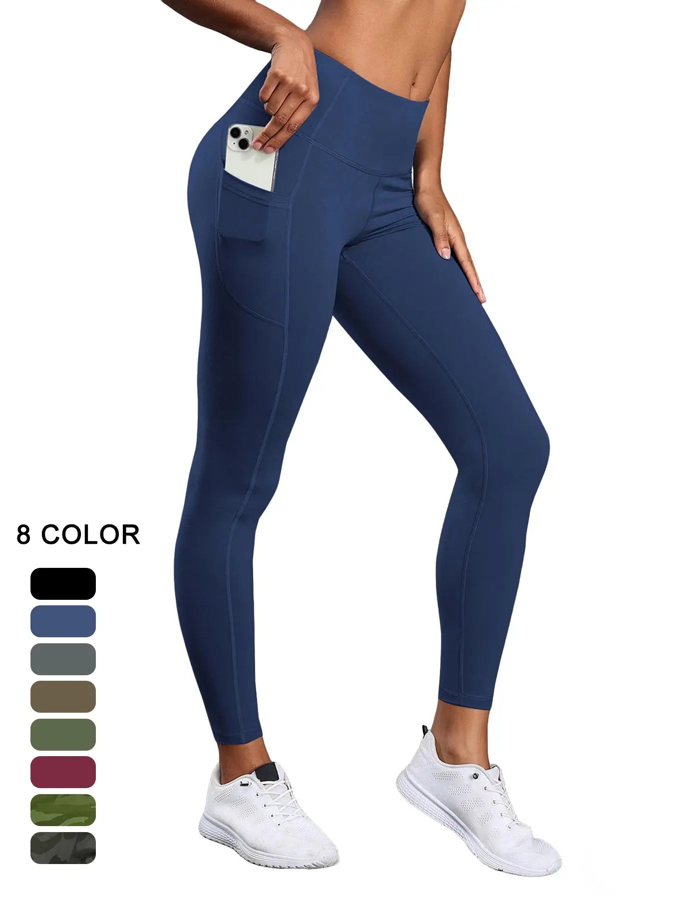 Women's High Waist Solid Sports Leggings with Pockets - Breathable and Comfortable Activewear for Yoga and Gym Workouts, Year-Round Essentials