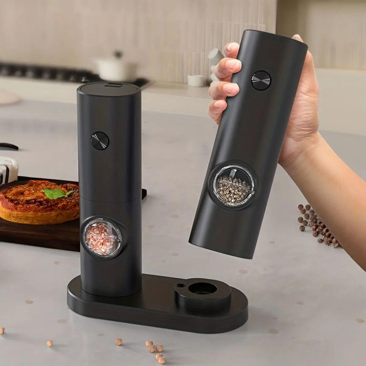Electric Salt and Pepper Grinder Set - Battery-Operated Adjustable Grinders with LED Light, Base, and Cleaning Brush - Perfect Kitchen Gadget Gift (Batteries Not Included)