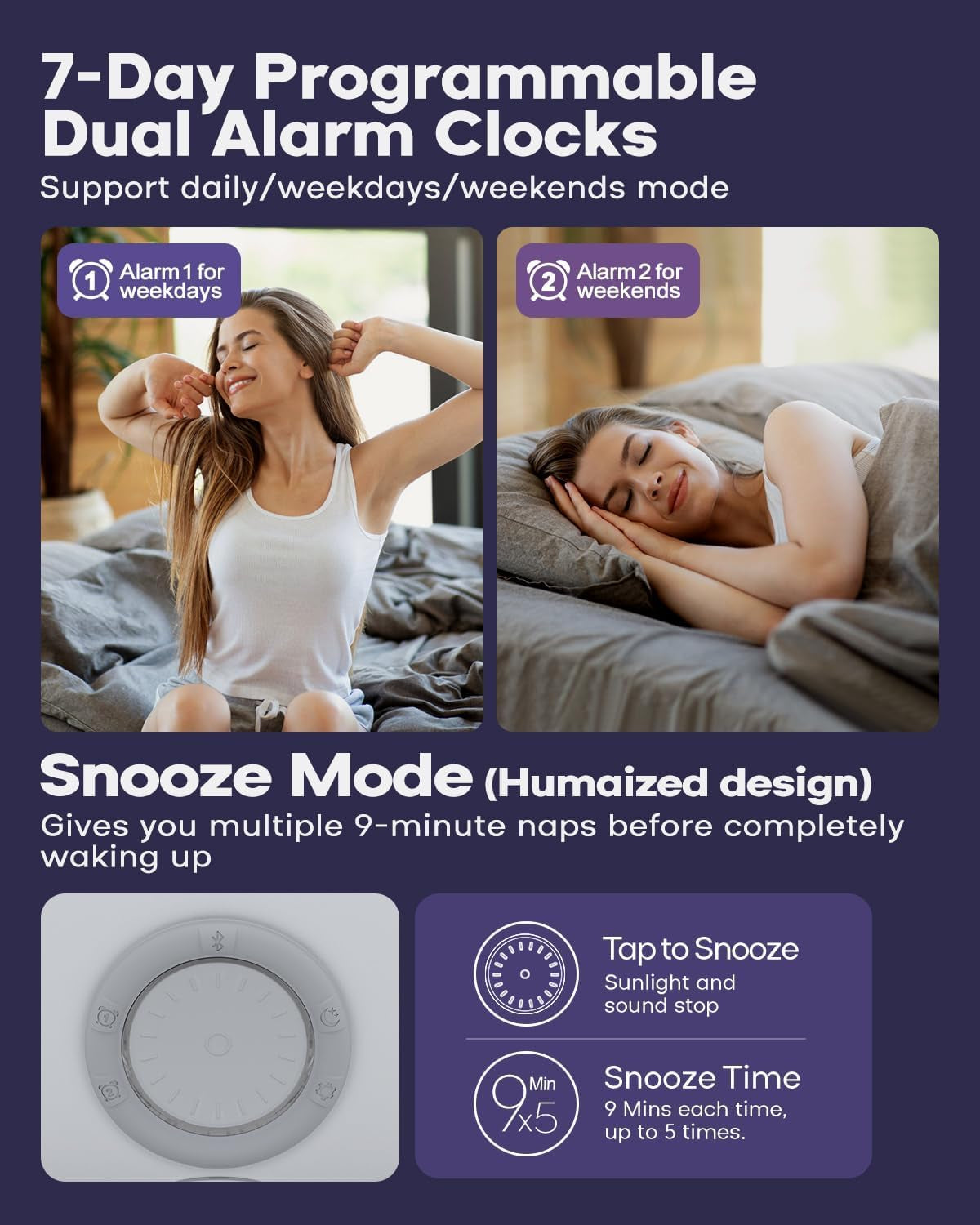 Smart Sunrise Alarm Clock with App Control& Bluetooth Speaker, Wake up Light Sunlight Sunset Lamp, White Noise Sound Machine, Night Light for Bedrooms, Alarms for Heavy Sleepers Kids & Adults