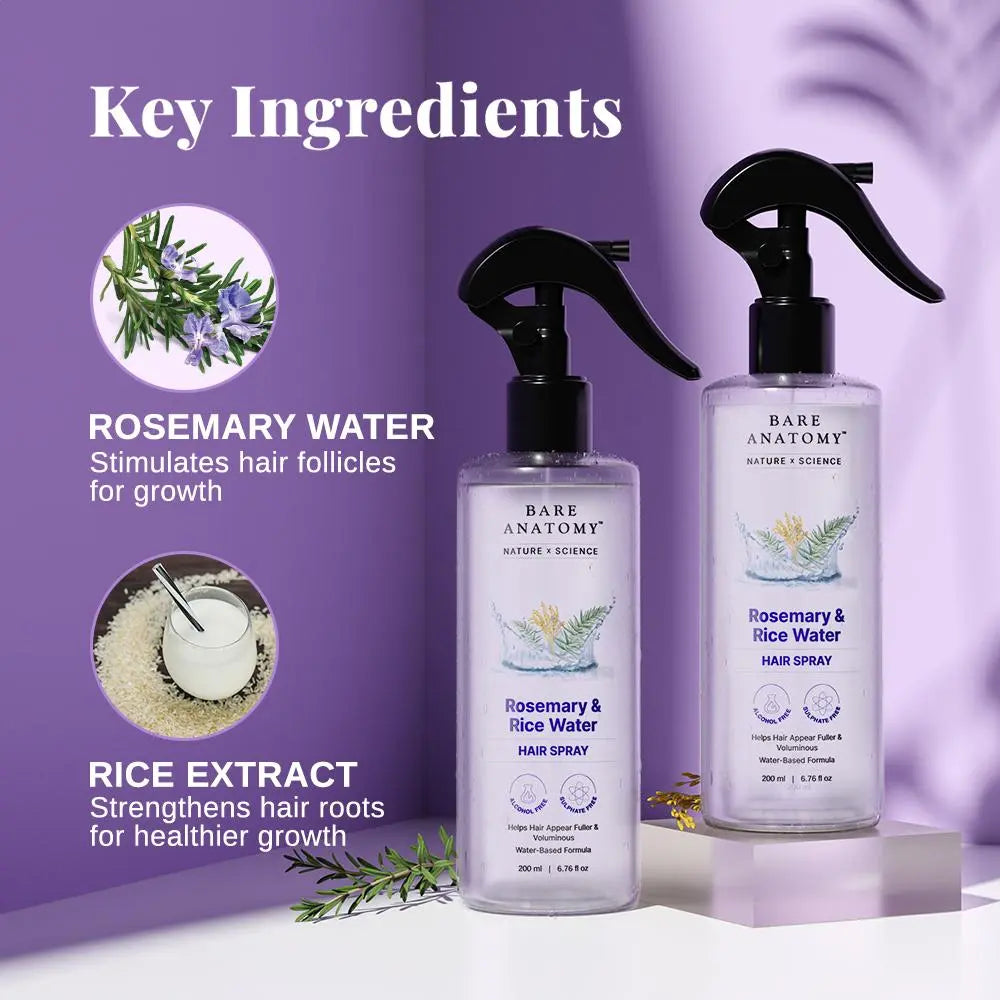 Bare Anatomy Rosemary Water with Rice Water - 100% Natural Extract for Soft, Smooth Hair - Non-Greasy, Fast Absorbing Formula - 200 ml