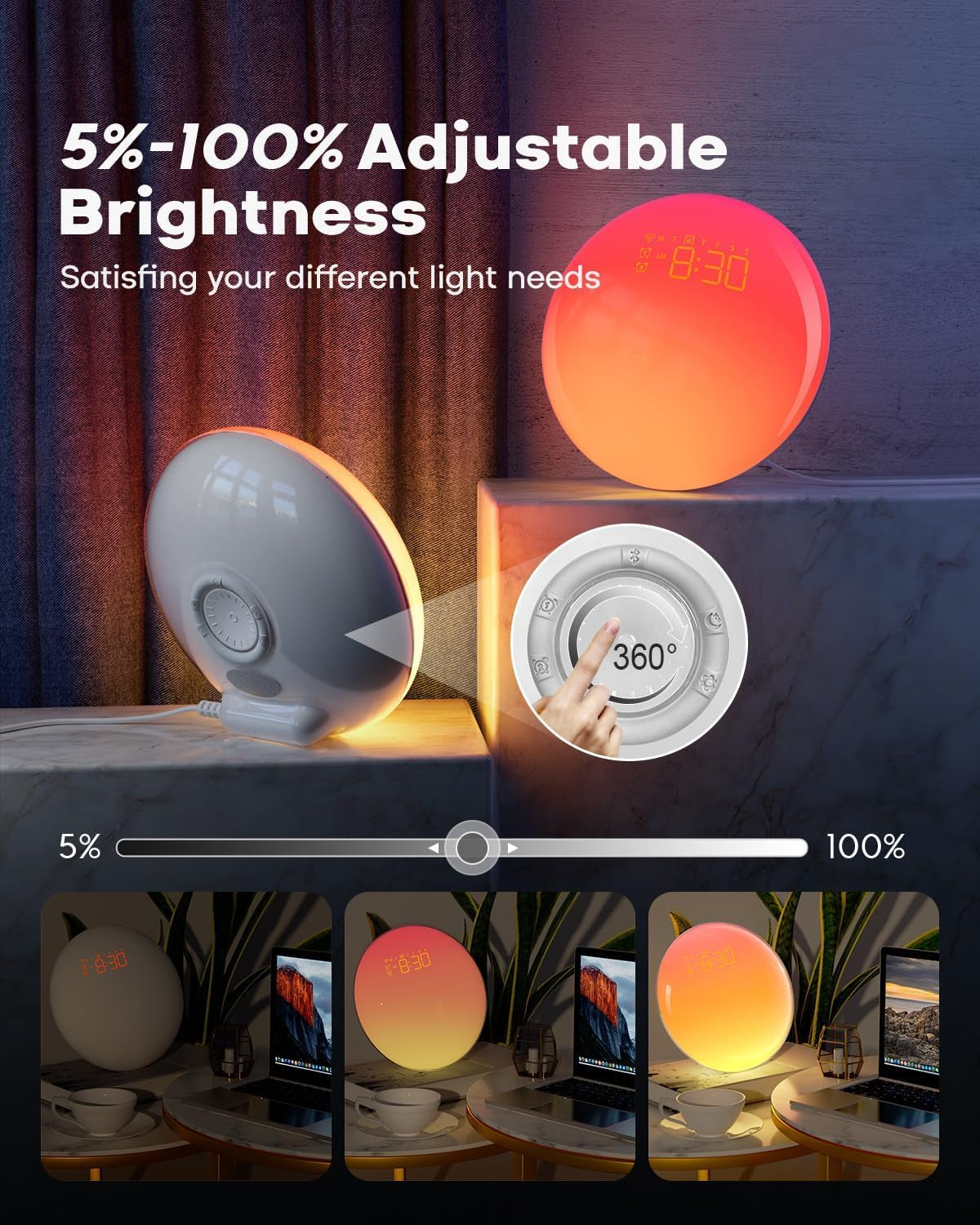 Smart Sunrise Alarm Clock with App Control& Bluetooth Speaker, Wake up Light Sunlight Sunset Lamp, White Noise Sound Machine, Night Light for Bedrooms, Alarms for Heavy Sleepers Kids & Adults