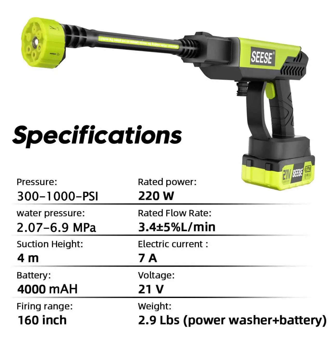 SEESE Cordless Pressure Washer with Single Port Charger Base - Portable Cleaning Solution for Cars, Home, and Garden Watering