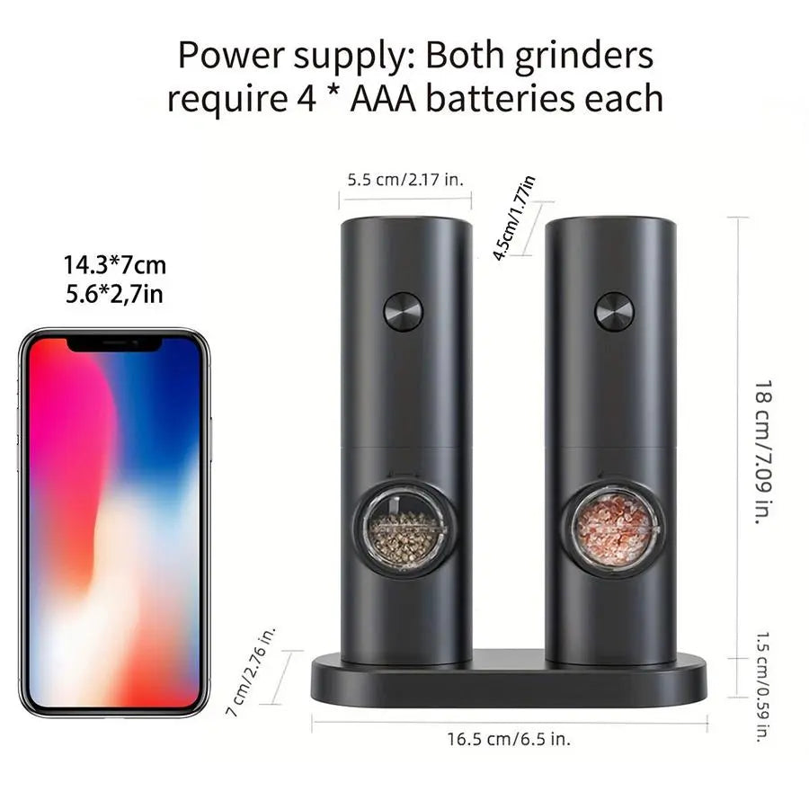 Electric Salt and Pepper Grinder Set - Battery-Operated Adjustable Grinders with LED Light, Base, and Cleaning Brush - Perfect Kitchen Gadget Gift (Batteries Not Included)