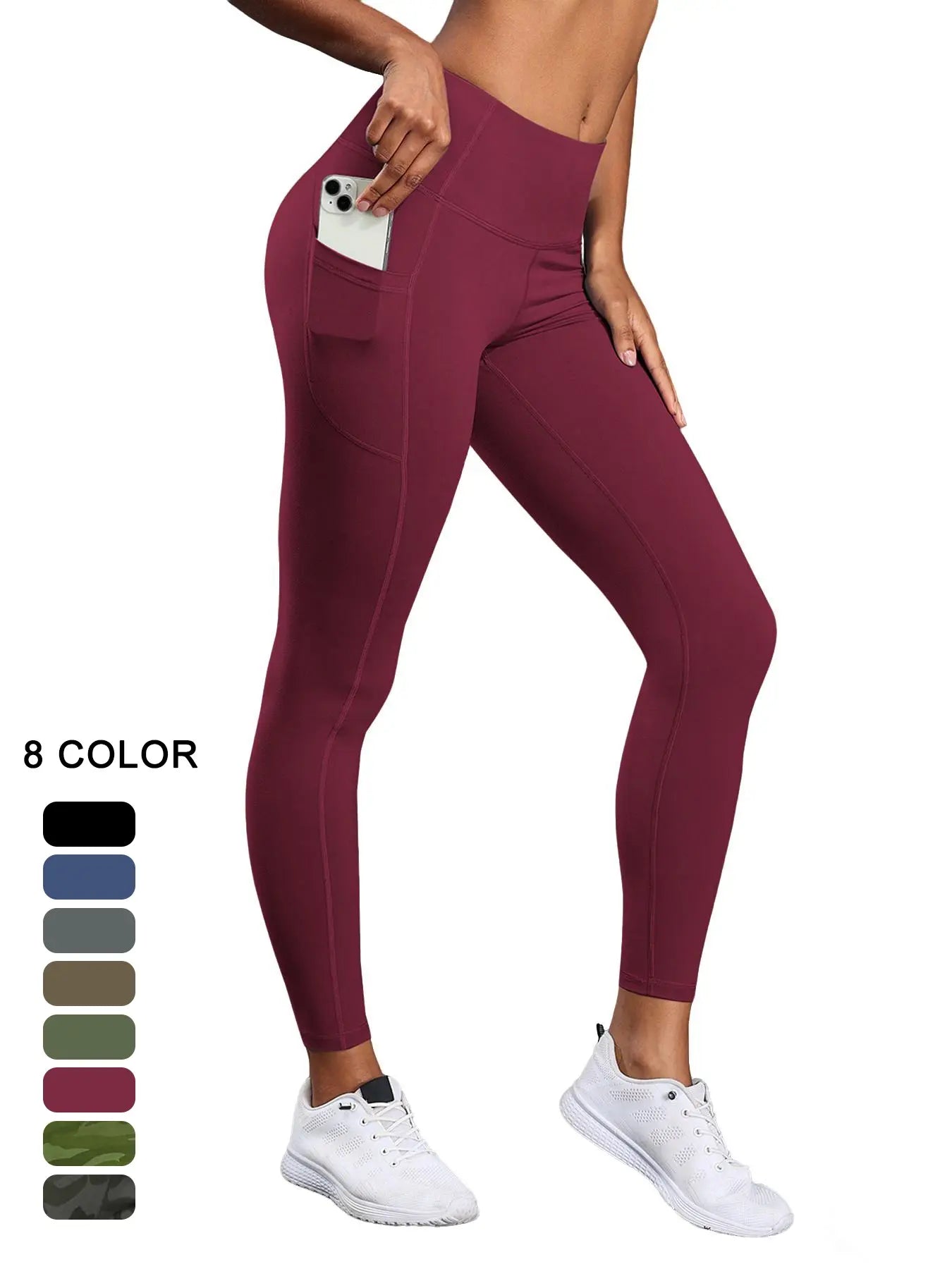Women's High Waist Solid Sports Leggings with Pockets - Breathable and Comfortable Activewear for Yoga and Gym Workouts, Year-Round Essentials