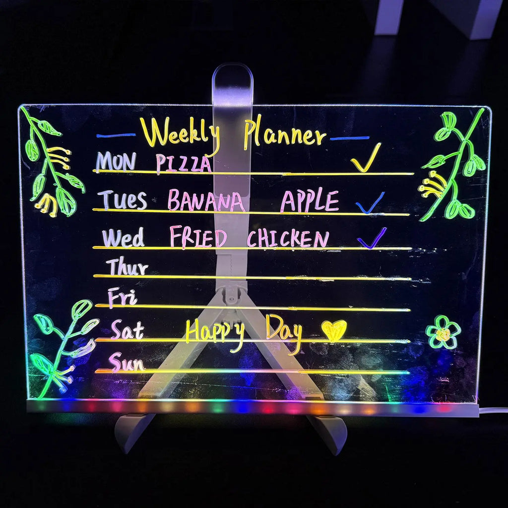 LED Illuminated Acrylic Message Board for Home Decor - Erasable Drawing Board with 7 Pens, Ideal for Desktop Use, Bar Advertising, and Creative Lighting Solutions