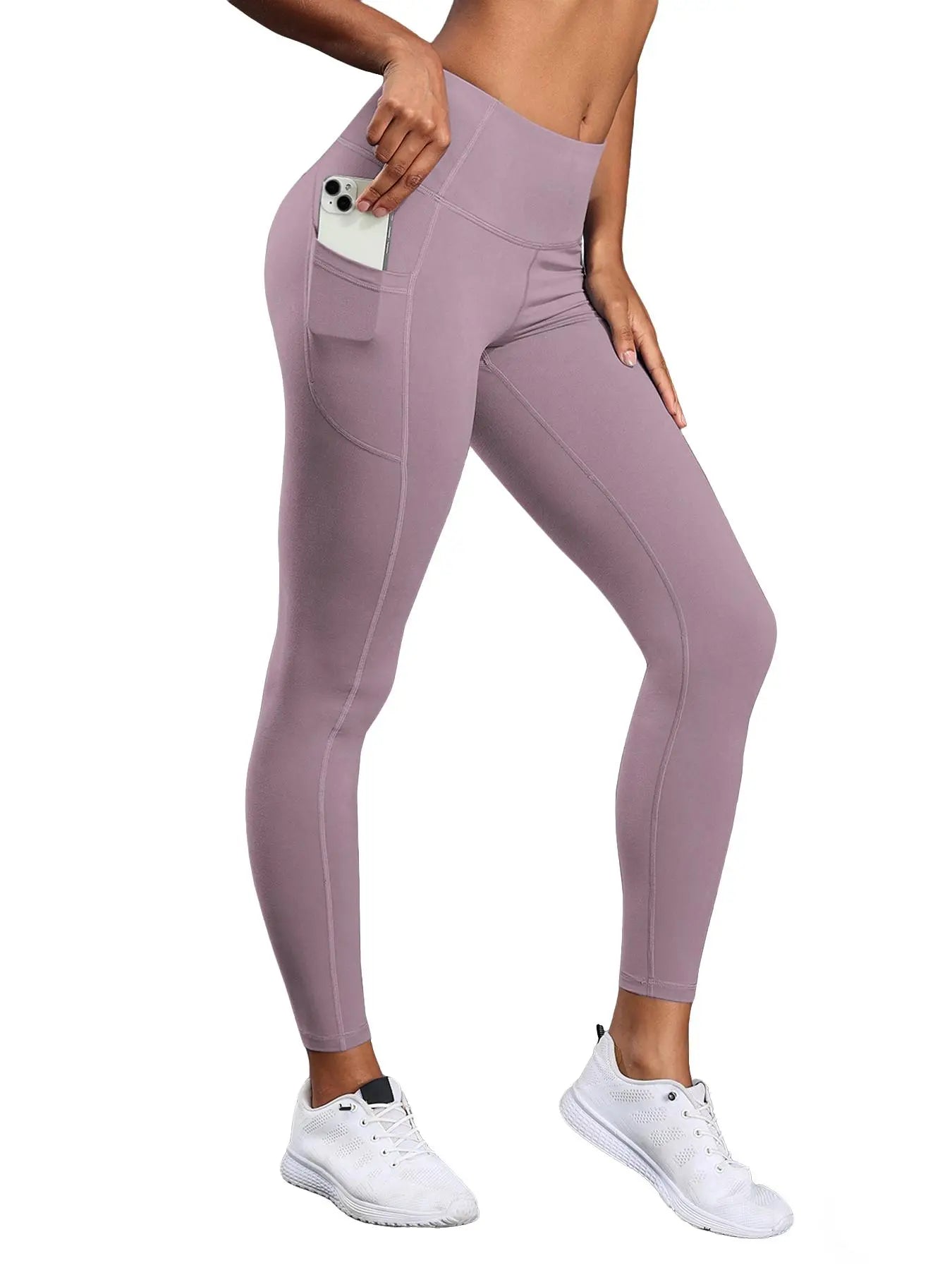 Women's High Waist Solid Sports Leggings with Pockets - Breathable and Comfortable Activewear for Yoga and Gym Workouts, Year-Round Essentials