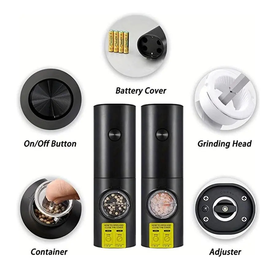 Electric Salt and Pepper Grinder Set - Battery-Operated Adjustable Grinders with LED Light, Base, and Cleaning Brush - Perfect Kitchen Gadget Gift (Batteries Not Included)